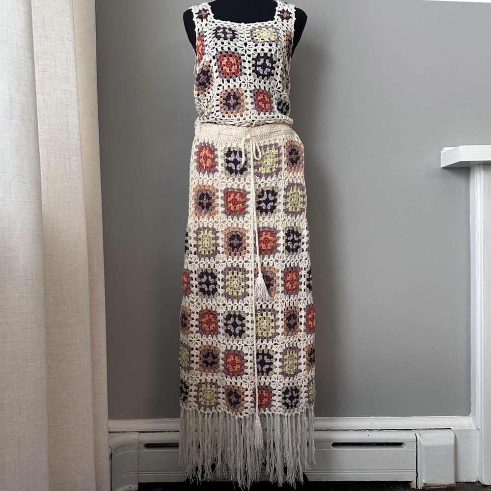 POL Crochet Tank Skirt Set Womens‎ Small Granny Square Boho Festival